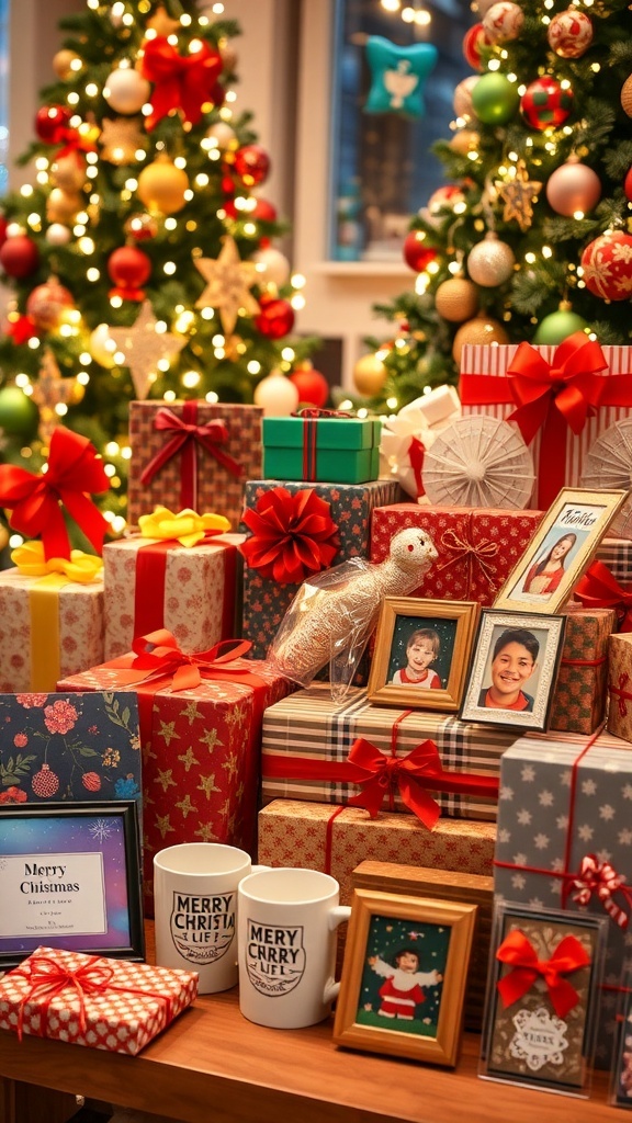 A festive assortment of Christmas gifts including wrapped presents and personalized items in a cozy holiday setting.